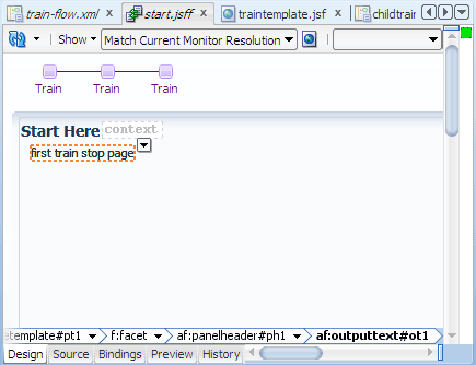 Visual editor, start page fragment example