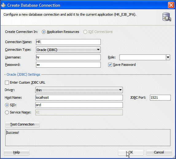 Create Database Connection dialog