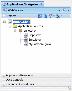Application Navigator showing Department, Employee, and My Company java classes