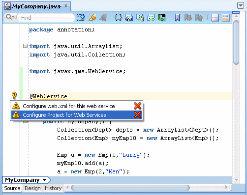 Java editor window configure for web service