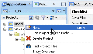 App Navigator with the context menu for the project displayed and the New menu option selected