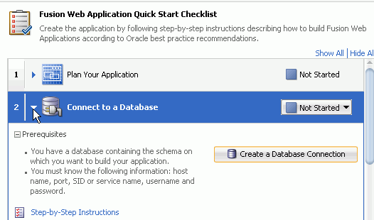 Checklist with cursor over arrow to shrink the expanded Database step.