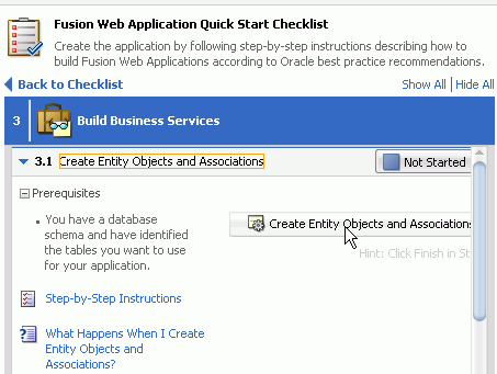 Checklist with substep 3.1 expanded and cursor over Create Entity Objects and Associations button.