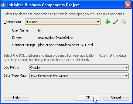 Initialize Business Components Project dialog dialog with HRConn in the Connection field.