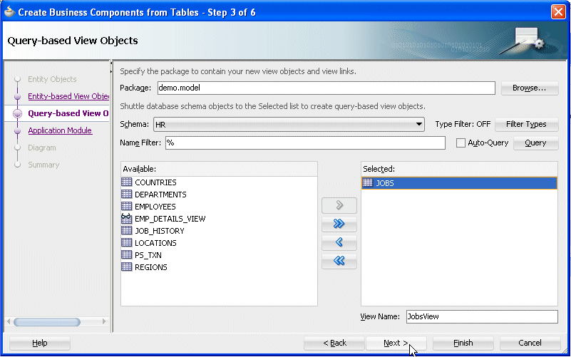 Step 3 of wizard with JOBS displayed in the Selected pane.