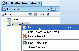 App Navigator with ViewController project selected and showing right-mouse menu with New option selected.