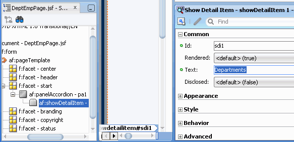 Structure window with af:showDetailItem selected; PI with Text property set to Departments.