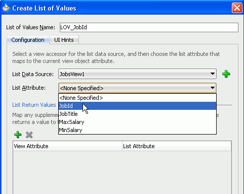 Create List of Values dialog with drop down list for List Attribute with cursor over JobId to select it.