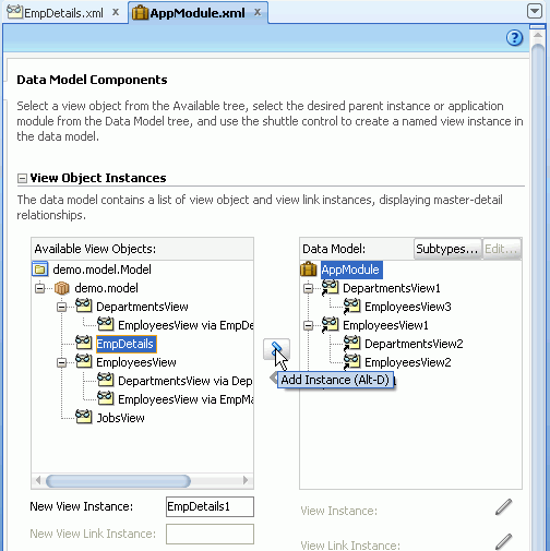 Data Model tab of AppModule.xml file. EmpDetails is selected in the Available View Objects pane and cursor is pointing to the arrow ready to shuttle it into the Data Model pane.