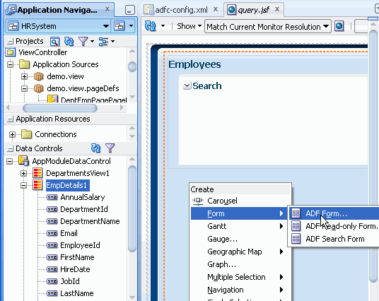 App Navigator with EmpDetails1 selected in Data Controls accordion. On right, Employees page with Search panel, and below it the Create box with Form>ADF Form selected.