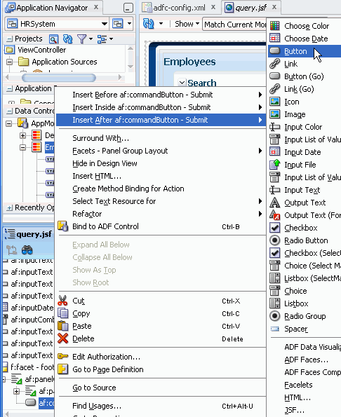 Structure window showing context menu with Insert after af:commandButton - Submit > Button menu selected.