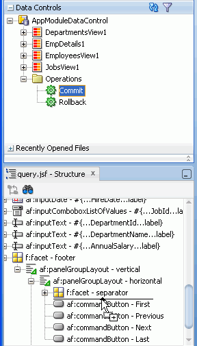 Data Controls accordion with Commit operation selected; below it the Structure window with cursor pointing above the First command button 
