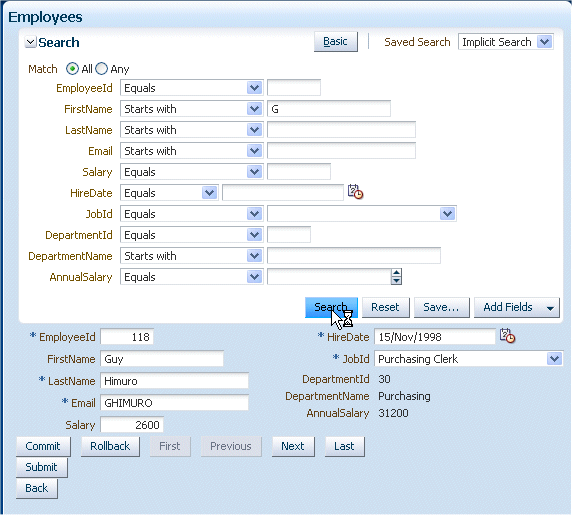 As above with G in FirstName search field, and cursor over Search button.