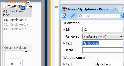 PI showing Test property of menu set to 'My Options'.