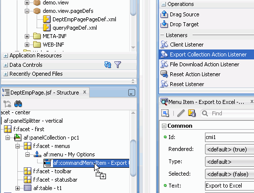 Structure window and PI side by side with Export CollectionAction Listener in process of being dragged onto menu item Export to Excel.