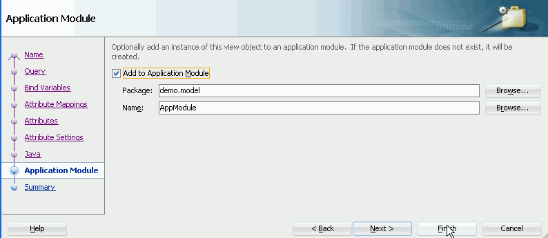 Step 8 of the wizard with Add to Application Module checkbox checked.