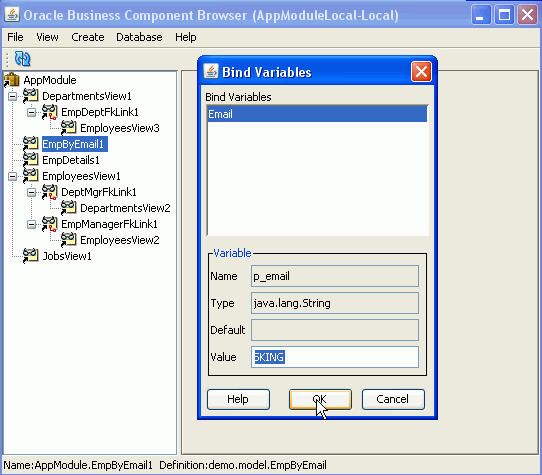 Bus Comp Browser with EmpByEmail selected; Bind Variables popup window with SKING highlighted in Value field and cursor on OK button.