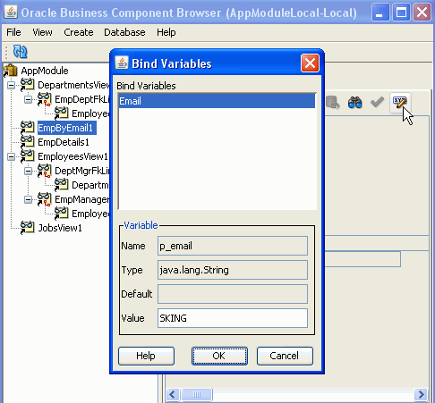 Bus Comps Browser with cursor pointing to Edit icon in the toolbar. When pressed the Bind Variables popup reappears waiting for a new email to be entered into the Value field.