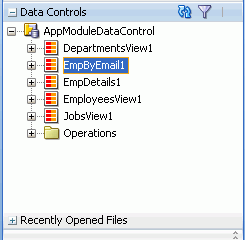 Data Controls accordion with EmpByEmail1 node selected.