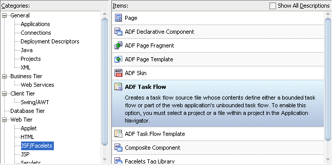 new gallery with adf task flow selected