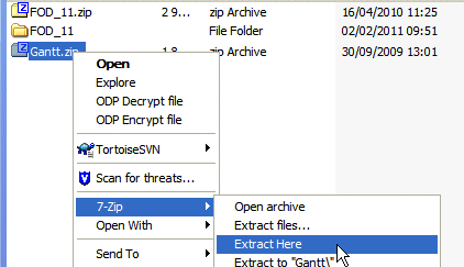 Context menu for extrating the Gantt.zip file