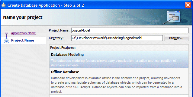 The Create Database Application dialog