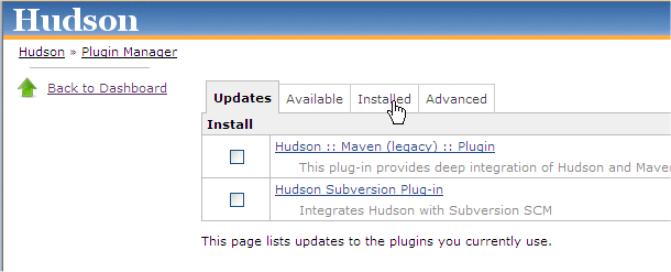 Selecting the Installed tab from the Hudson console