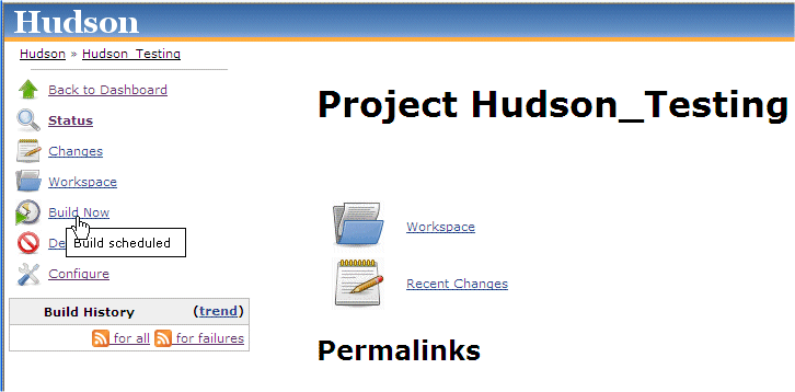 Selecting the Build Now link from the Hudson console