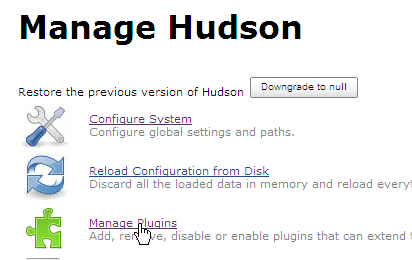 Clicking the Manage Plugins link from the Hudson console