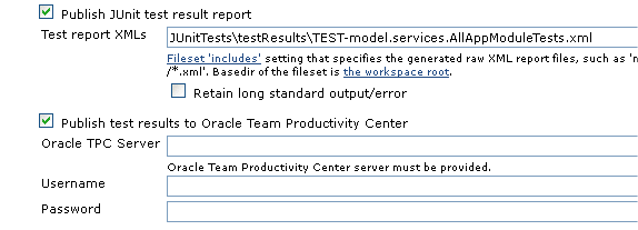 Checking the Publish test results to Oracle Team Productivity Center