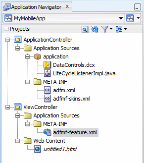 adfmf-feature,xml selected in the applications navigator