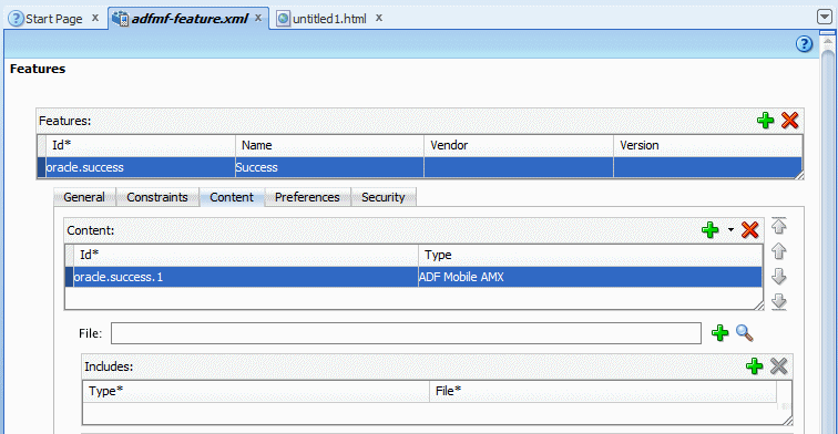 adfmf-feature.xml with content tab displayed with correct values