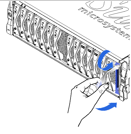 Diagram showing the front and right side of the chassis, with a hand pushing down the lever of one of the blades and securing it.