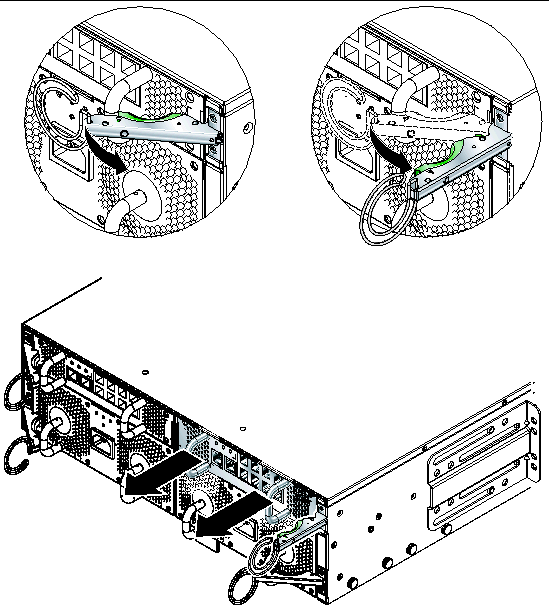 Diagram showing two close up views of the SSC ejector lever (latched and unlatched) and a rear and side view of the chassis with arrows indicating removal of SSC1.