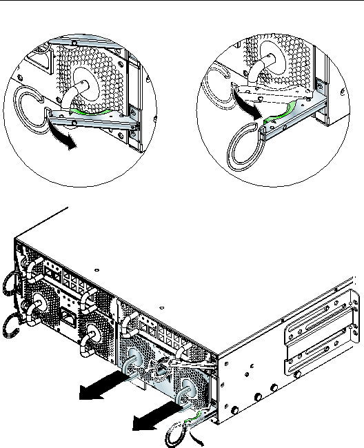 Diagram showing how to disengage and open a PSU ejector lever. Arrows point away from the PS1's handles to indicate the direction of movement.