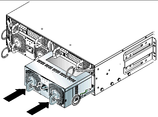 Diagram showing how to slide a PSU module into the chassis's slot for PS1. Two arrows pointing towards the PSU's handles indicate the direction of movement.
