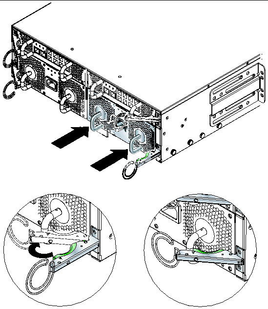 Diagram showing how to close and engage a PSU ejector lever.