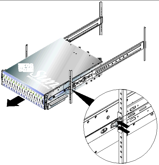 Diagram showing in detail the retaining catches on the chassis's runners. You must depress these catches before you can remove the chassis from the rack.