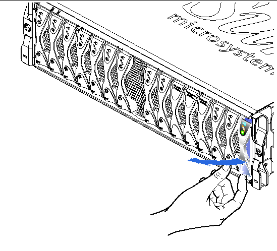 Diagram showing the front and right side of the chassis, with a hand disengaging the locking mechanism on one of the blades.