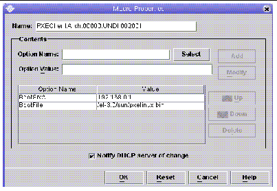 GUI window showing the property of the global PXE macro (this property must have only a single property defined: BootSrvA.