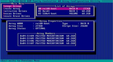 Graphic showing the Adaptec RAID Configuration Utility main page showing Array 00.