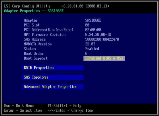 Figure showing LSI Configuration Utility Adapter Properties screen.