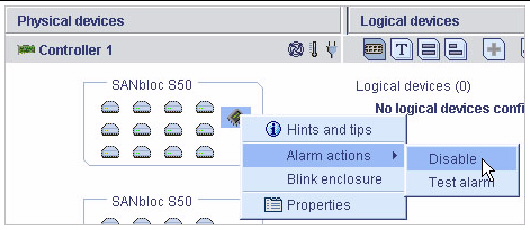 Screen shot of the Disable Alarm action menu option.