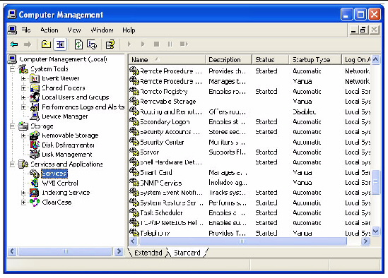 Screen shot shows the Windows Computer Management screen, with Services highlighted in the rigt pane.