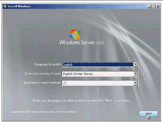 Screen shot of Windows Server 2008 Localization screen
