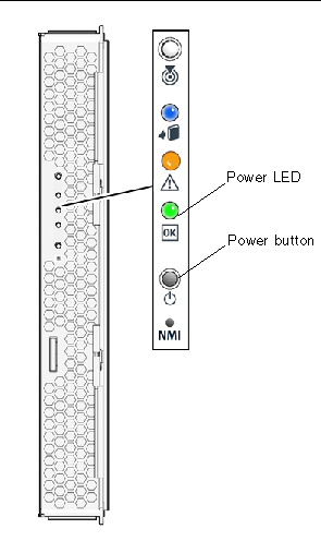 Figure showing server module front panel buttons and LEDs