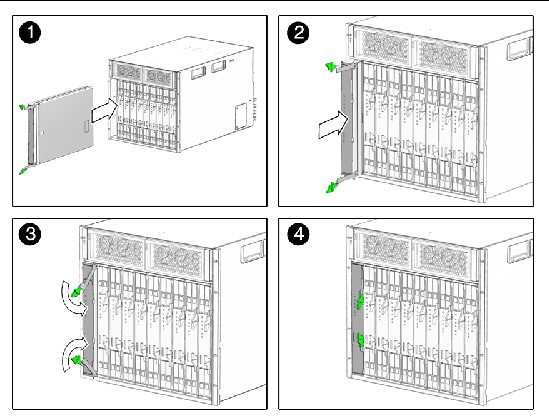 A four panel illustration showing how to insert the server module into a chassis.