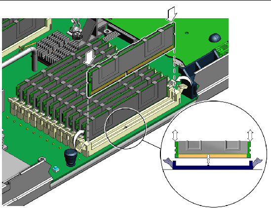 Illustration showing DIMM and DIMM socket alignment keying.