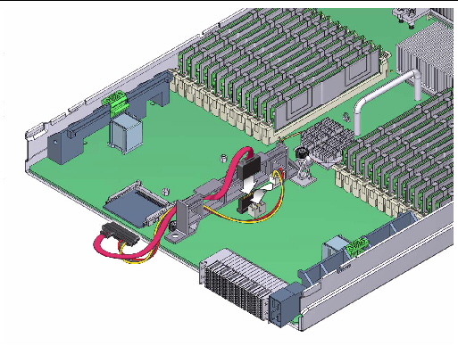An illustration showing the routing of the SSD cable and the connectors on the motherboard.