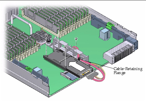 An illustration showing the instatllation of the SSD in the SSD mounting bracket.